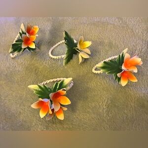 Vintage Tole Flower Napkin Rings- Set of 4